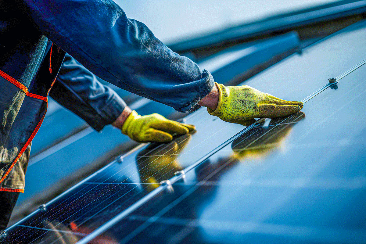 Zwei Hände in gelben Handschuhen montieren Solarmodule auf einem Lagerdach