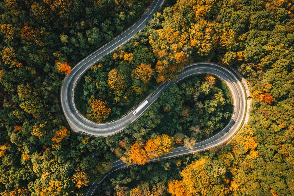 Ein Elektrofahrzeug fährt auf einer kurvigen Straße durch herbstliche Bäume